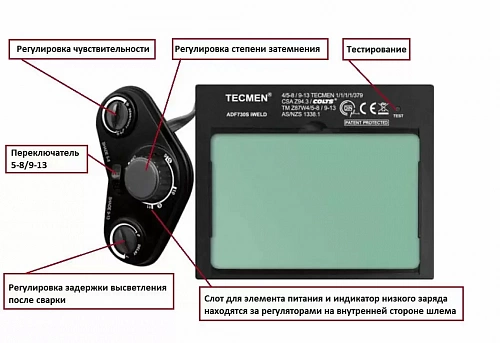 Сварочная маска с автоматическим светофильтром (АСФ) Хамелеон Tecmen ADF 730S TM15 черная
