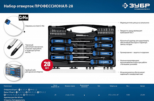 ЗУБР 28 предм., Набор отверток, Профессионал-28 (25240)