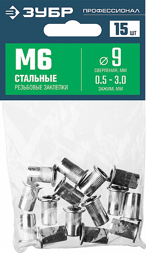ЗУБР М6, станд.бортик, стальные резьбовые заклепки с насечками, 15 шт, Профессионал (31318-06)