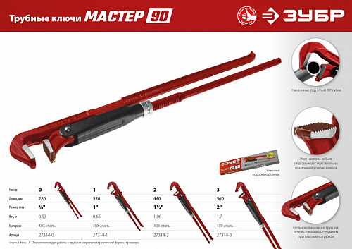 ЗУБР Мастер-90, №3, 2″, 560 мм, Трубный ключ с прямыми губками (27314-3)