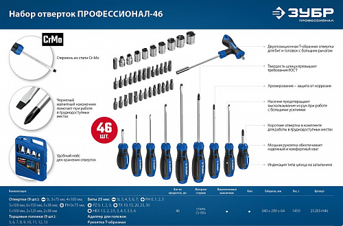 ЗУБР Профессионал-46 46 шт, Набор отверток с насадками (25283-H46)