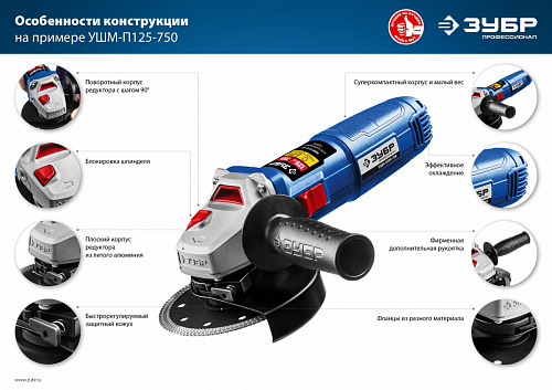 ЗУБР Компакт, 750 Вт, d125 мм, УШМ, Профессионал (УШМ-П125-750)