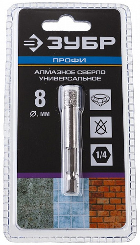 ЗУБР АВК d 8 мм (HEX 1/4″, 15 мм кромка), Вакуумное алмазное трубчатое сверло, Профессионал (29865-0