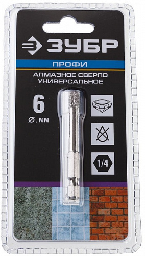 ЗУБР АВК d 6 мм (HEX 1/4″, 15 мм кромка), Вакуумное алмазное трубчатое сверло, Профессионал (29865-0