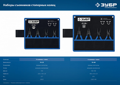 ЗУБР 4 шт, 130 мм, Набор съемников стопорных колец (22825)