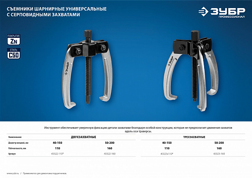 ЗУБР d 50-200 мм, Шарнирный двухзахватный съемник с серповидными захватами, Профессионал (43322-160)