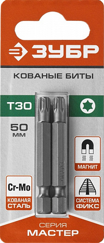 Биты ЗУБР ″Мастер″, тип хвостовика E 1/4″, 50мм, T30, 2шт