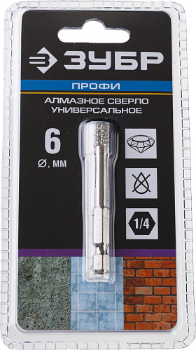 ЗУБР АВК d 12 мм (HEX 1/4″, 15 мм кромка), Вакуумное алмазное трубчатое сверло, Профессионал (29865-