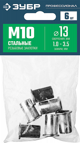 ЗУБР М10, станд.бортик, стальные резьбовые заклепки с насечками, 6 шт, Профессионал (31318-10)