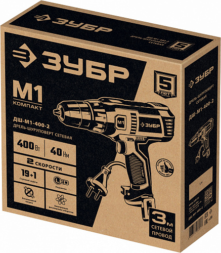 ЗУБР 400 Вт, 40 Н·м, сетевая дрель-шуруповерт (ДШ-М1-400-2)