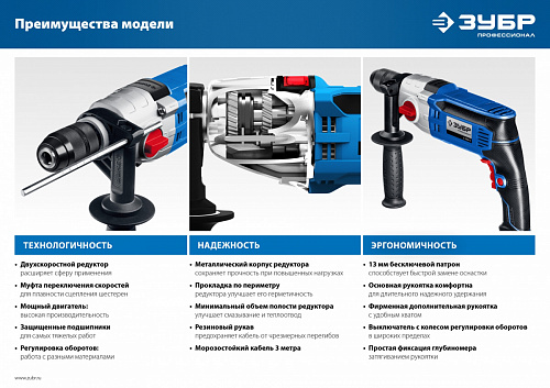 ЗУБР 900 Вт, 13 мм, безударная дрель, 2-скоростная, мет. корпус, Профессионал (Д-П900-2)
