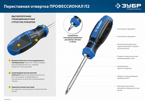 ЗУБР SL6/PH2, Переставная отвертка, Профессионал -П2 (25029)