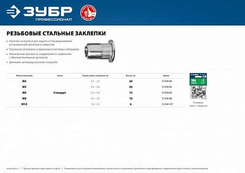 ЗУБР М10, станд.бортик, стальные резьбовые заклепки с насечками, 6 шт, Профессионал (31318-10)
