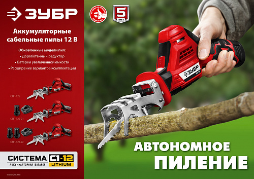 ЗУБР С1-12, 12 В, 80 мм, 2 АКБ (2 А·ч), сабельная пила (СПЛ-125-22)