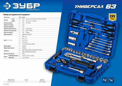 ЗУБР Универсал-58 набор инструмента универсальный 58 предм. Серия Профессионал.