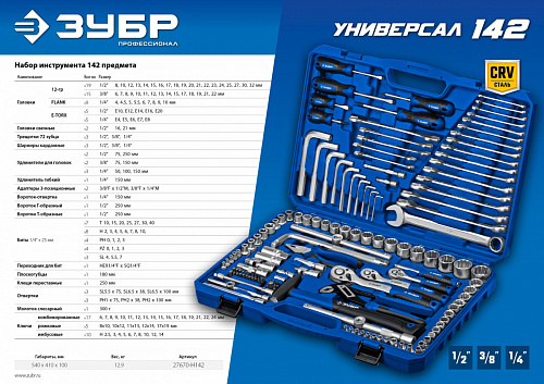 ЗУБР Универсал-142, 142 предм. (1/2″+ 3/8″+ 1/4″), Универсальный набор инструмента, Профессионал (27