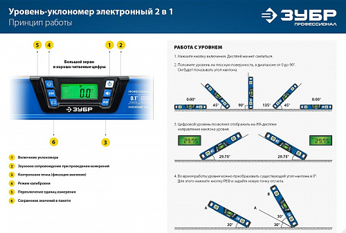 ЗУБР МИКРО 4Х90°, ±0.1, Электронный уровень-уклономер (34743)