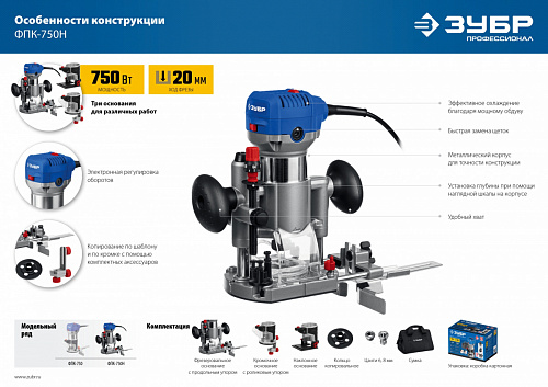 ЗУБР 750 Вт, кромочный фрезер, сумка, 3 основания, Профессионал (ФПК-750Н)