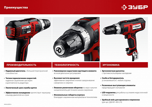 ЗУБР 400 Вт, 40 Н·м, сетевая дрель-шуруповерт (ДШ-М1-400-2)