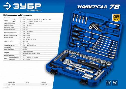 ЗУБР Универсал-76, 76 предм. (1/2″+ 1/4″), Универсальный набор инструмента, Профессионал (27670-H76)